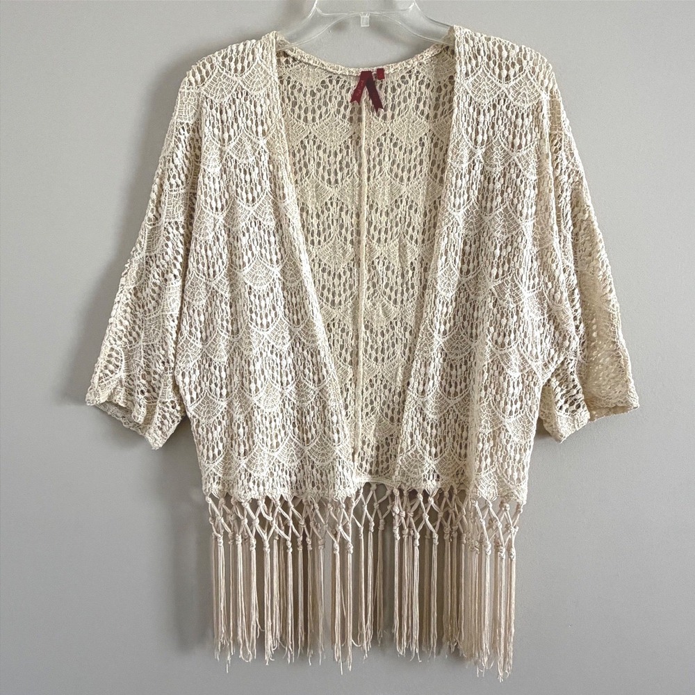 Red Camel Women's Small Boho Western Crochet Fringe Kimono Cardigan Beige